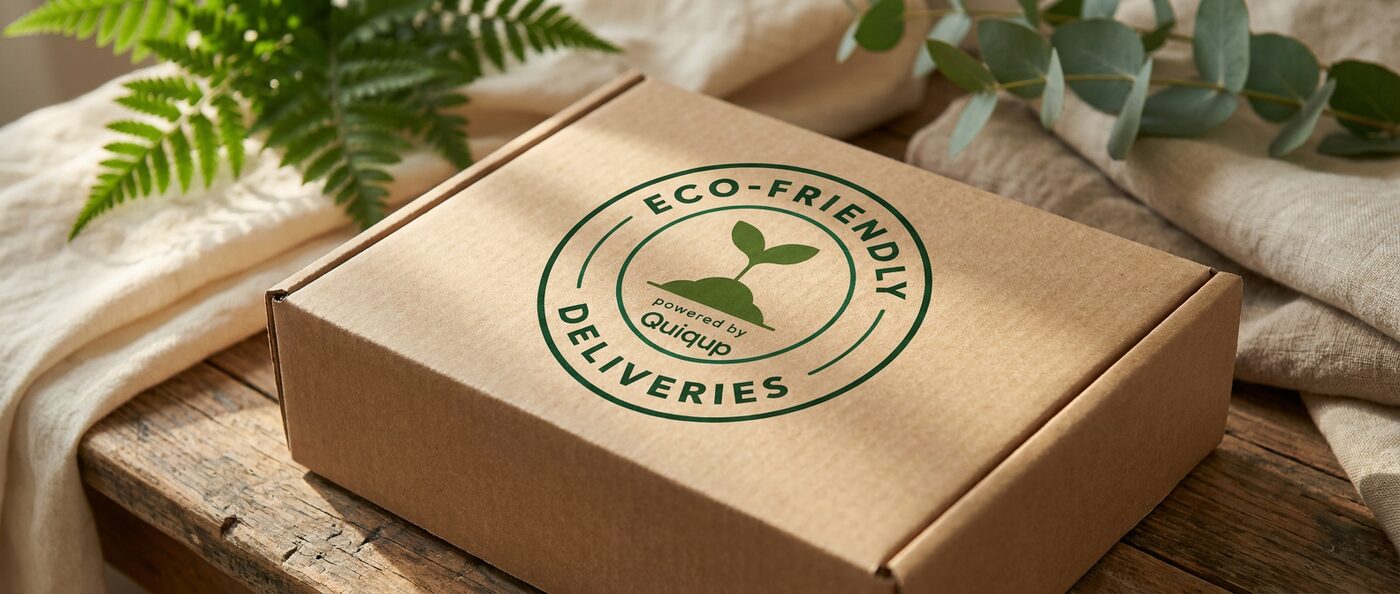 An eco-friendly delivery parcel branded with the Eco-Friendly Deliveries stamp, powered by Quiqup