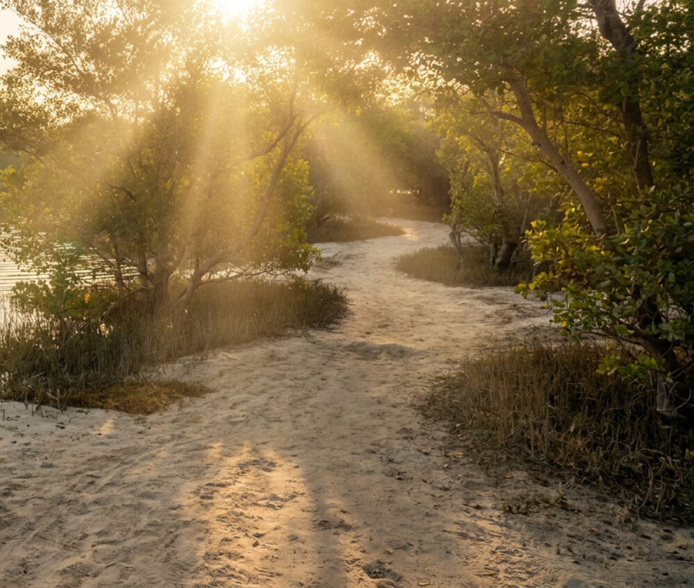 Sunlight through the trees on a mangrove trail near Abu Dhabi