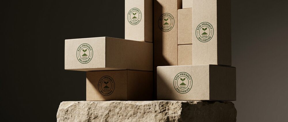 Stacked Eco-Friendly Deliveries branded boxes on a stone pedestal