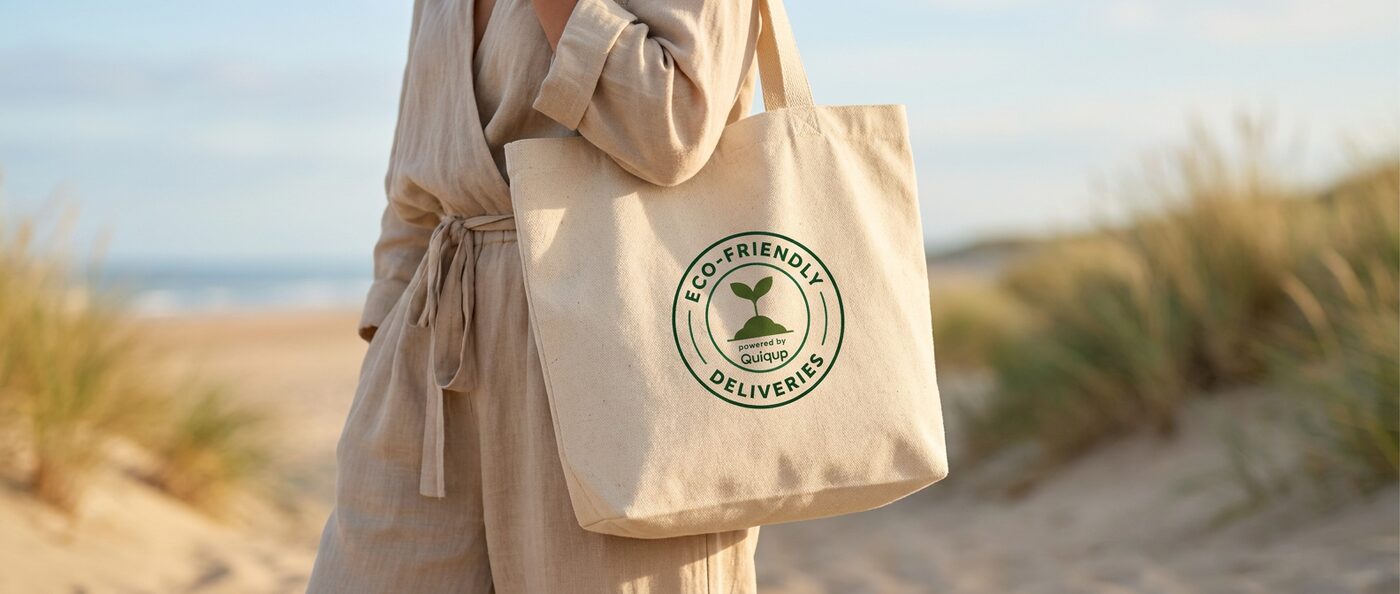 A customer carrying an Eco-Friendly Deliveries tote bag on a coastal path